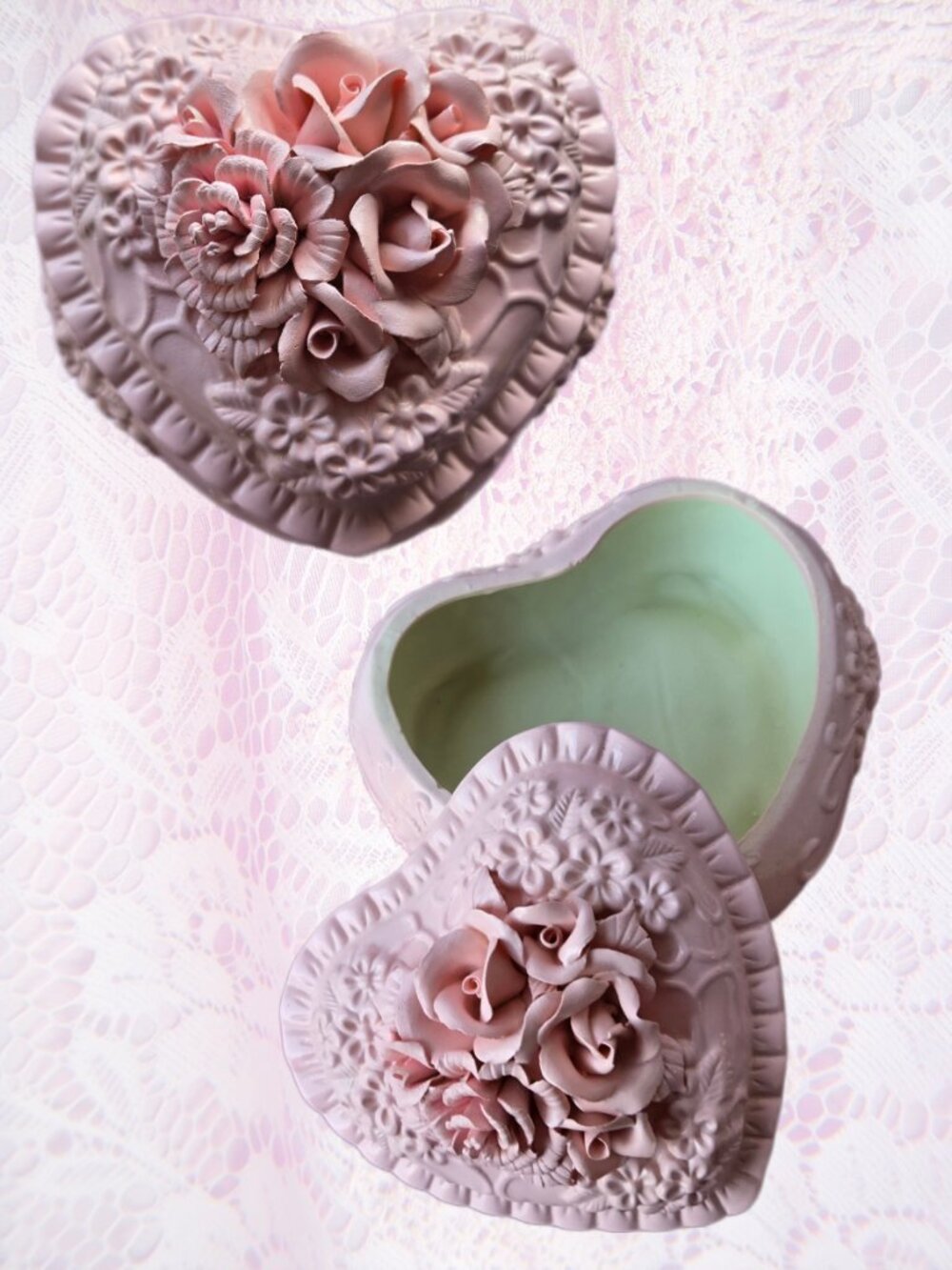 Vintage Pink Ceramic Rose Heart-Shaped Trinket Box Romantic Cottagecore